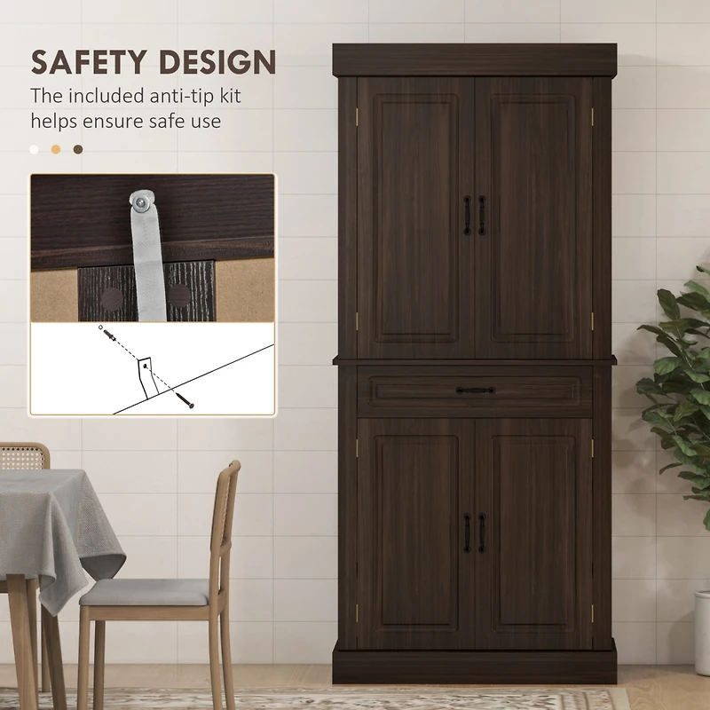 Freestanding Kitchen Pantry with 4 Doors, Cabinets, and Drawer
