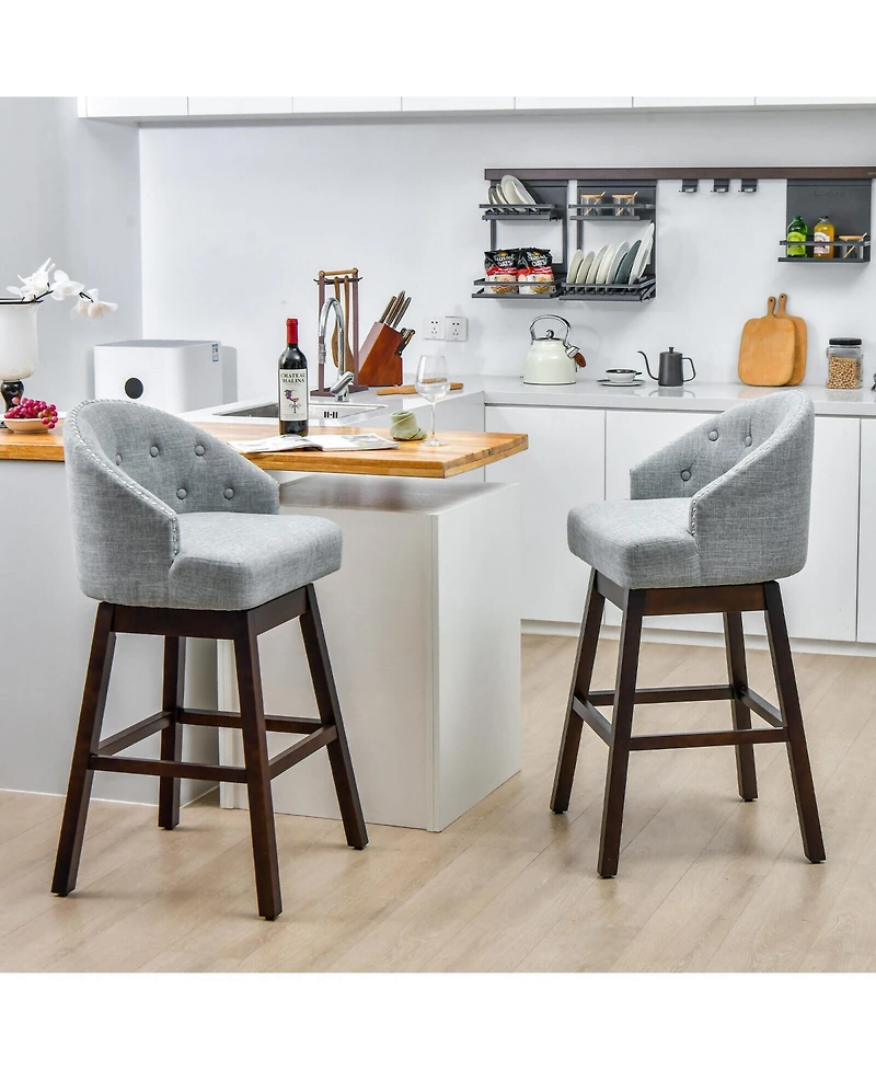 Skonyon Set of 2 Swivel Bar Stools with Rubber Wood Legs and Padded Back
