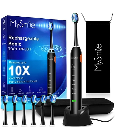 MySmile Electric Toothbrush for Adults, Rechargeable Sonic Electronic with 6 Brush Heads and Travel Case, 2 Mins 5 Modes Smart Timer, 48000