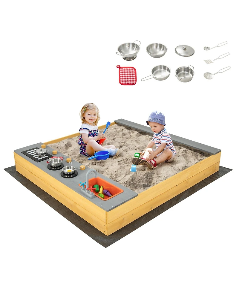 Wooden Sandbox Kids Sand Pit with Kitchen Playset Accessories for 3-8 Years Old