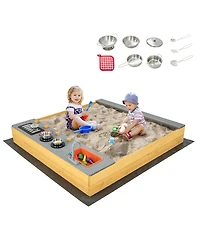 Wooden Sandbox Kids Sand Pit with Kitchen Playset Accessories for 3-8 Years Old