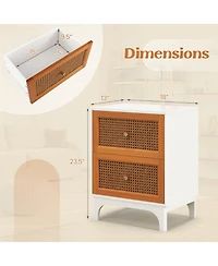 Sugift Boho Accent Table Nightstand with 2 Handwoven Rattan Decorated Drawers-White