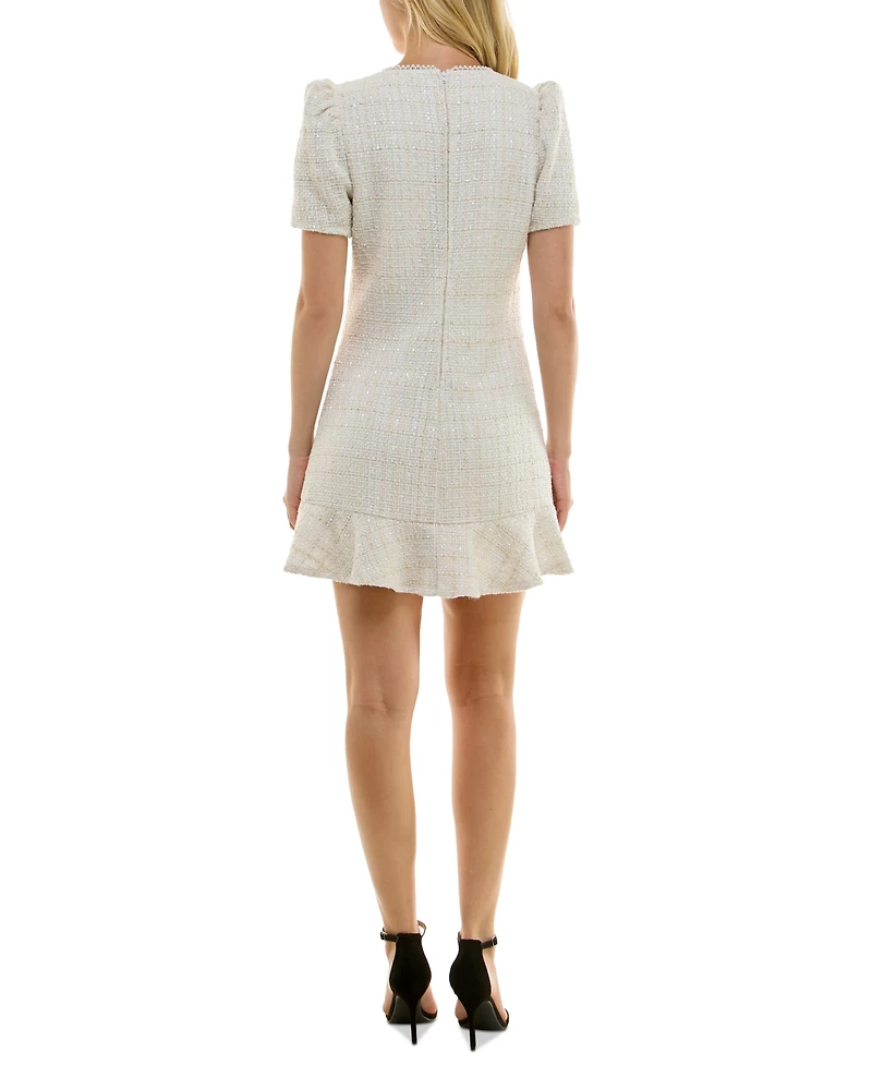 Crystal Doll Juniors' Puff-Sleeve Ruffle Hem A-Line Tweed Dress