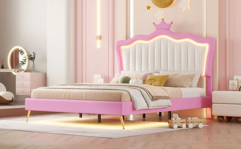 Streamdale Furniture Led Upholstered Princess Bed with Crown Headboard