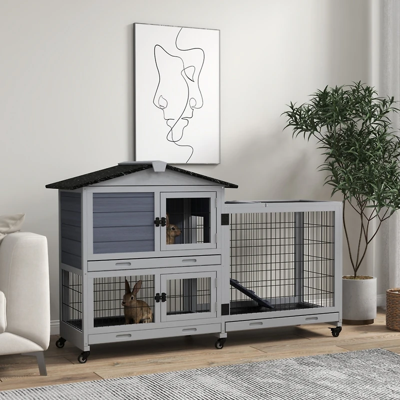 2-Story Rabbit Hutch with Slide-Out Tray and Wheels