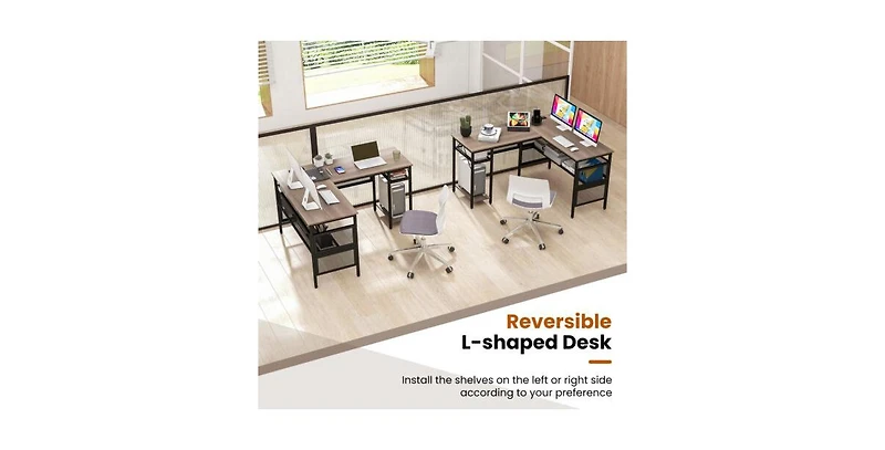 Skonyon L-Shaped Computer Desk with Charging Station and Adjustable Shelf-Gray