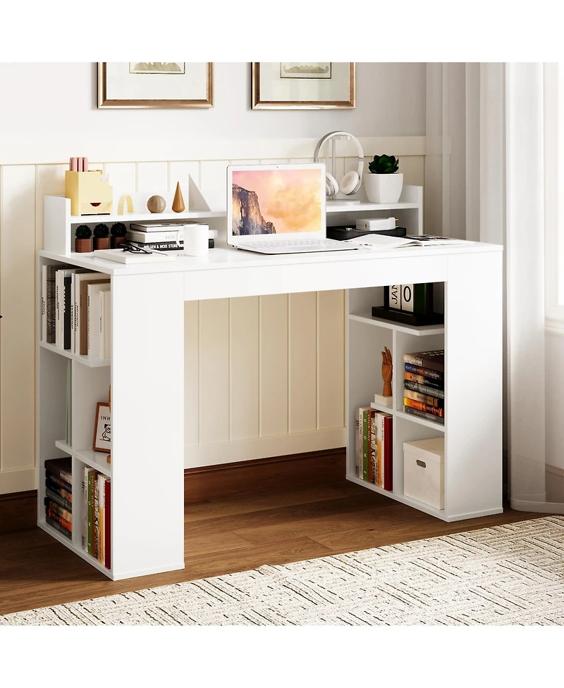 Skonyon Computer Desk with Dual 3-Tier Bookshelf and Monitor Shelf-White