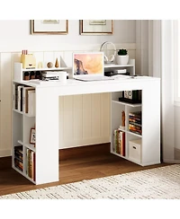 Skonyon Computer Desk with Dual 3-Tier Bookshelf and Monitor Shelf-White