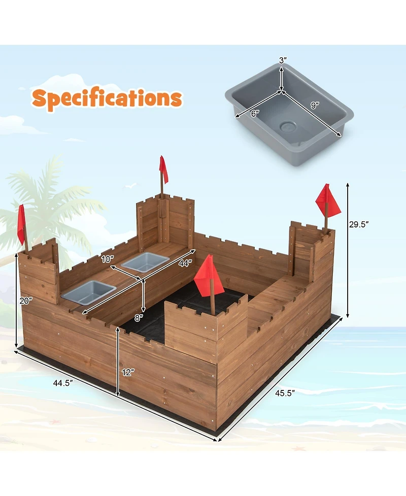 Kids Wooden Sandbox with Bottom Liner and Red Flags