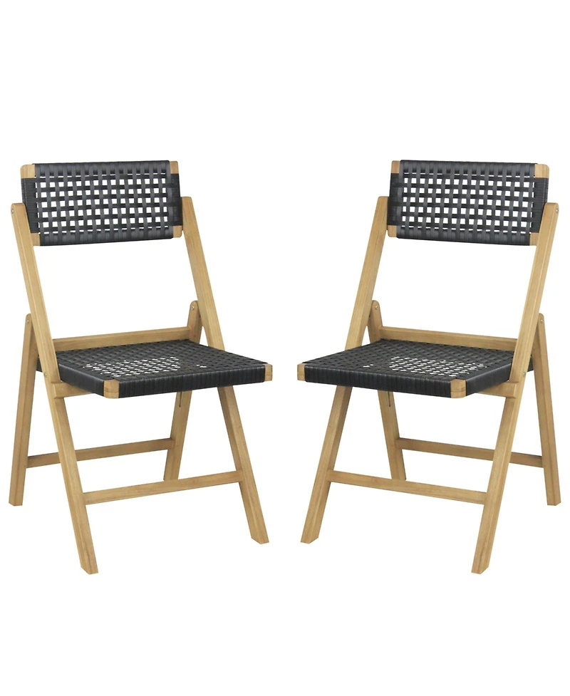 Sugift Set of 2 Folding Chairs Indonesia Teak Wood Dining Chairs with Woven Rope Seat and Back