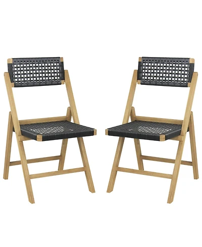 Sugift Set of 2 Folding Chairs Indonesia Teak Wood Dining Chairs with Woven Rope Seat and Back