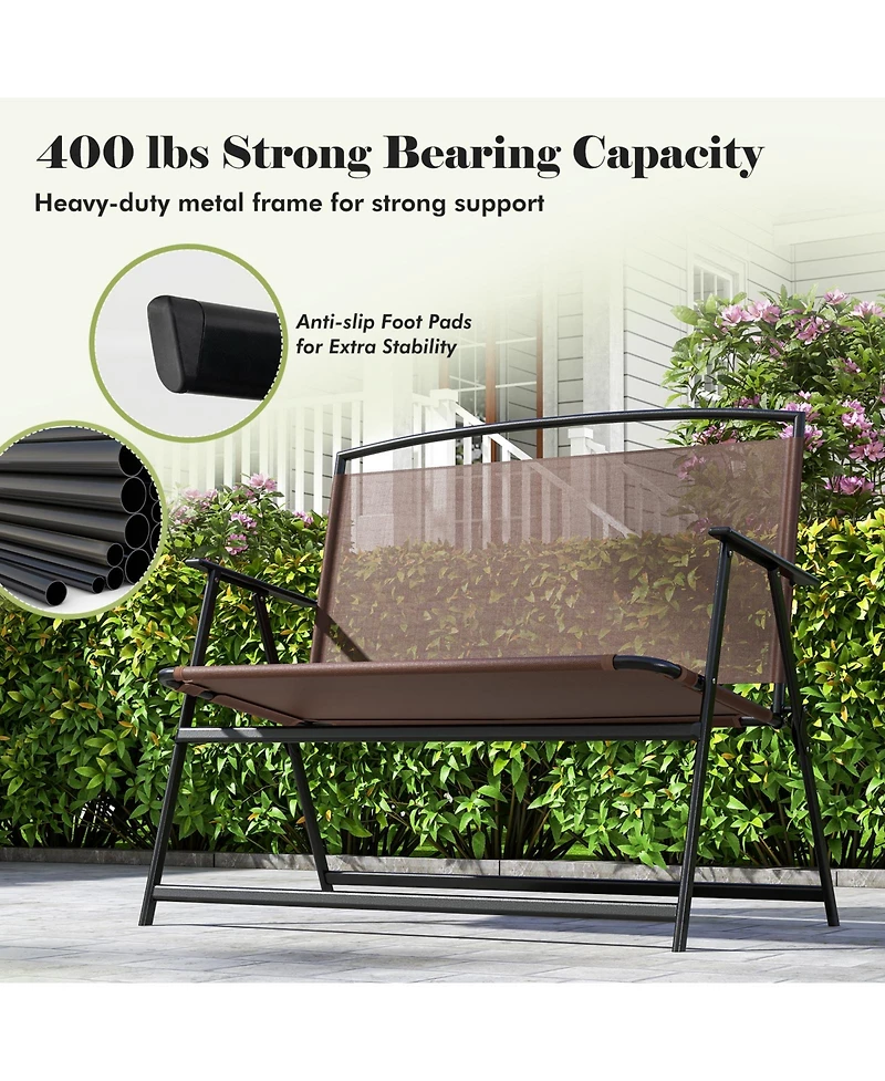 Folding Outdoor Garden Bench 2-Person Patio Bench with Backrest and Armrests