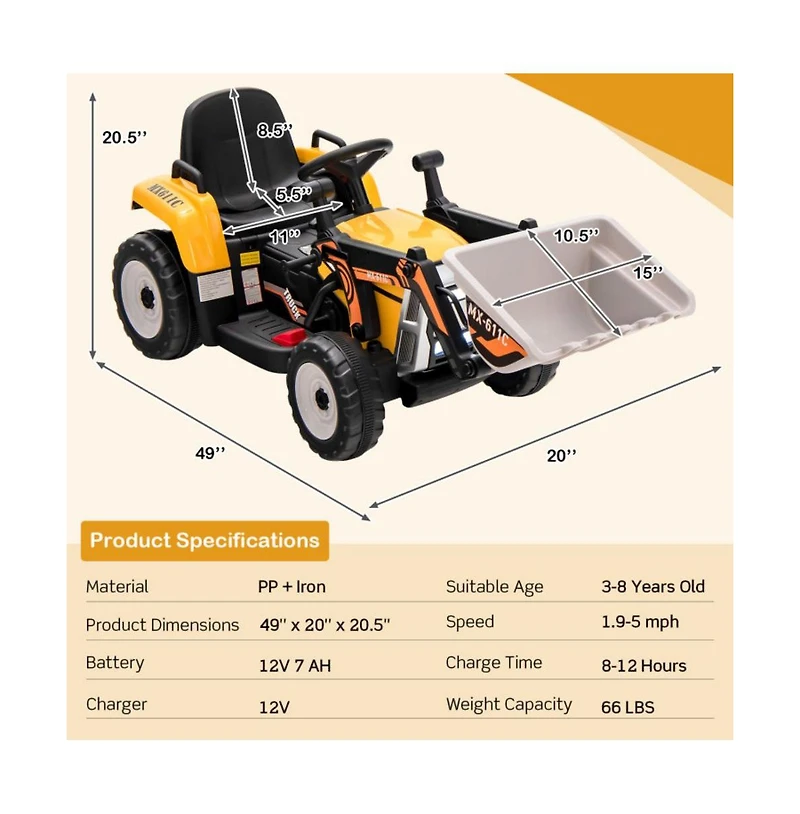 12V Battery Powered Kids Ride on Excavator with Adjustable Arm and Bucket-Yellow