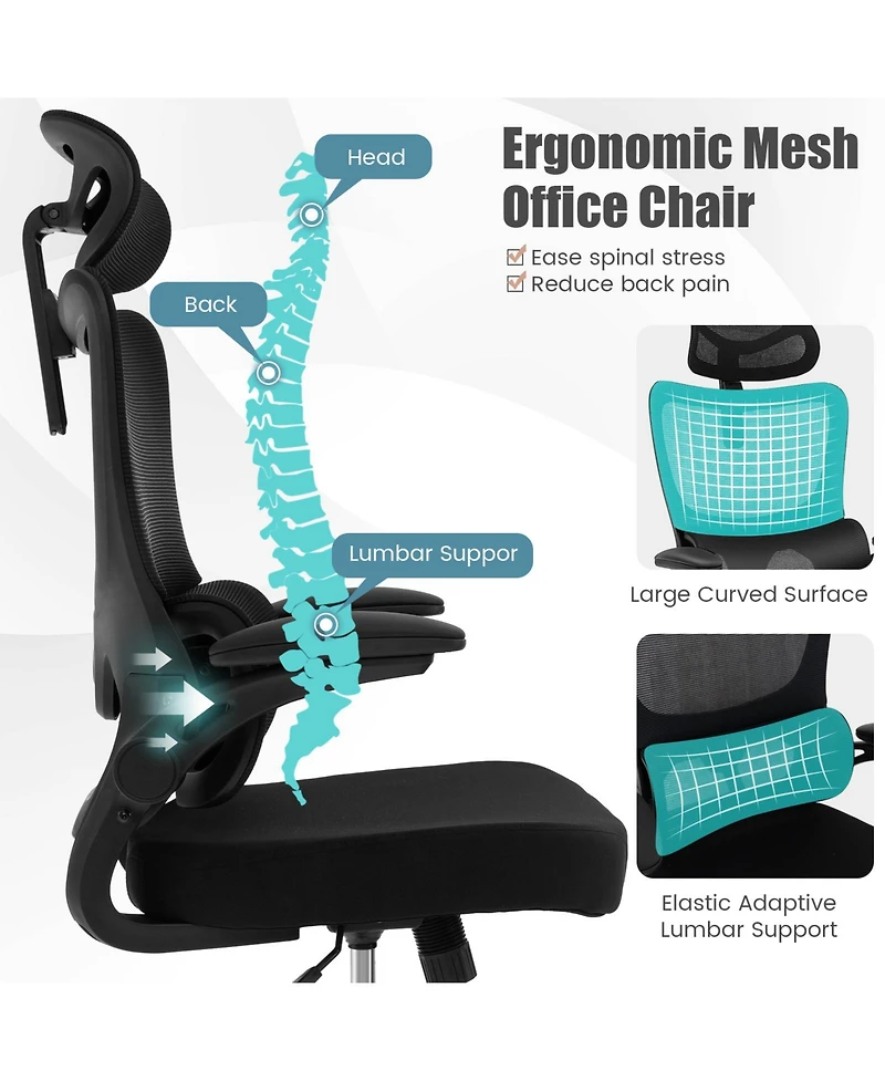 Mesh Office Chair with Adaptive Lumbar Support Flip-up Armrests Reclining Backrest-Black