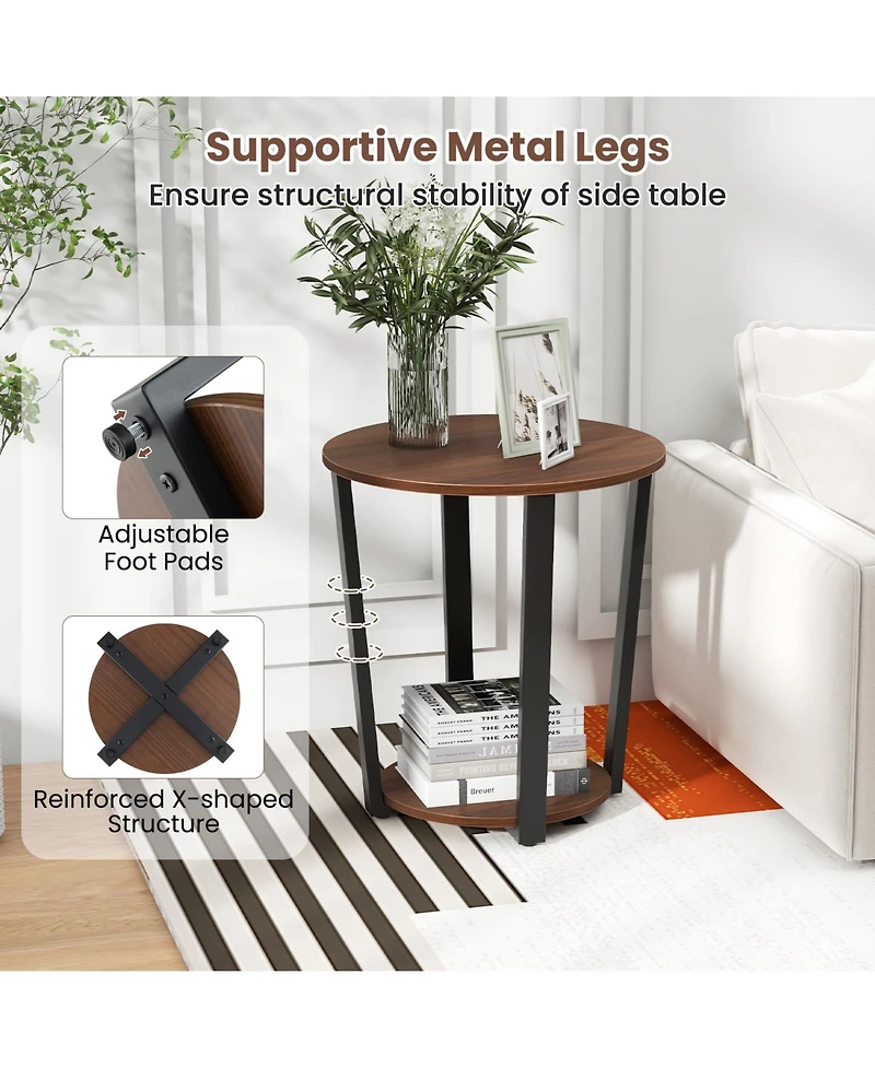Round End Table with Open Shelf and Metal Frame-Walnut