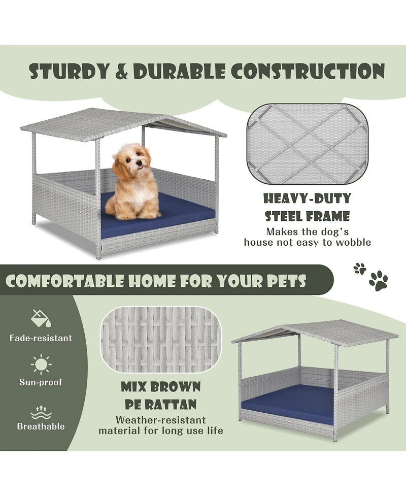 Wicker Dog House with Waterproof Roof and Washable Cushion Cover-Navy