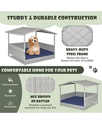 Wicker Dog House with Waterproof Roof and Washable Cushion Cover-Navy