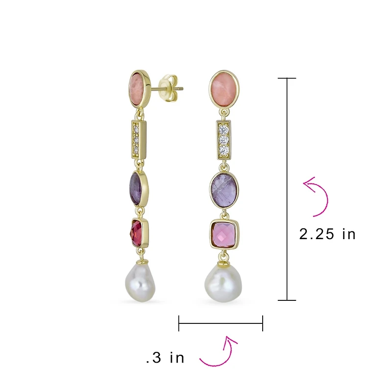 Bling Jewelry Boho Tri Tone Mixed Crystal Accent Linear Thin Long Baroque Pearl Pink Tourmaline Purple Natural Amethyst Dangle Earrings Gold Plated