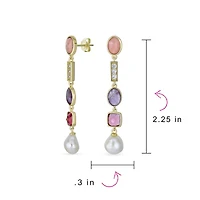 Bling Jewelry Boho Tri Tone Mixed Crystal Accent Linear Thin Long Baroque Pearl Pink Tourmaline Purple Natural Amethyst Dangle Earrings Gold Plated