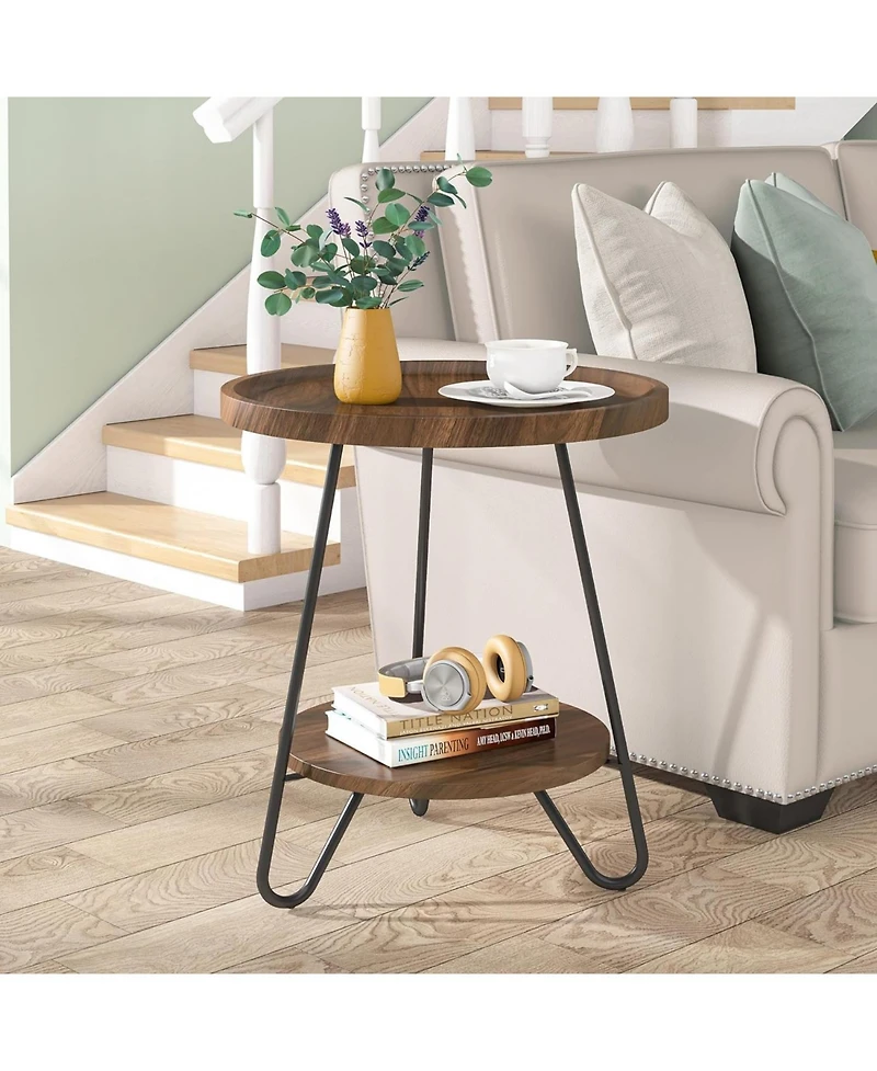 Tribesigns Round Side Table, 2-Tier End Table with Metal Legs, Modern Industrial Beside Table, Small Accent Table Snack Table for Living Room, Bedroom