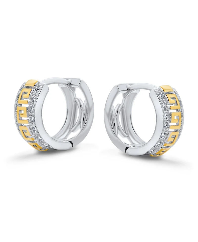 Bling Jewelry Two Tone Greek Key Cutout Huggie Hoop Earrings Cubic Zirconia Cz Gold Plated Sterling Silver