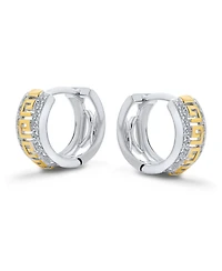 Bling Jewelry Two Tone Greek Key Cutout Huggie Hoop Earrings Cubic Zirconia Cz Gold Plated Sterling Silver