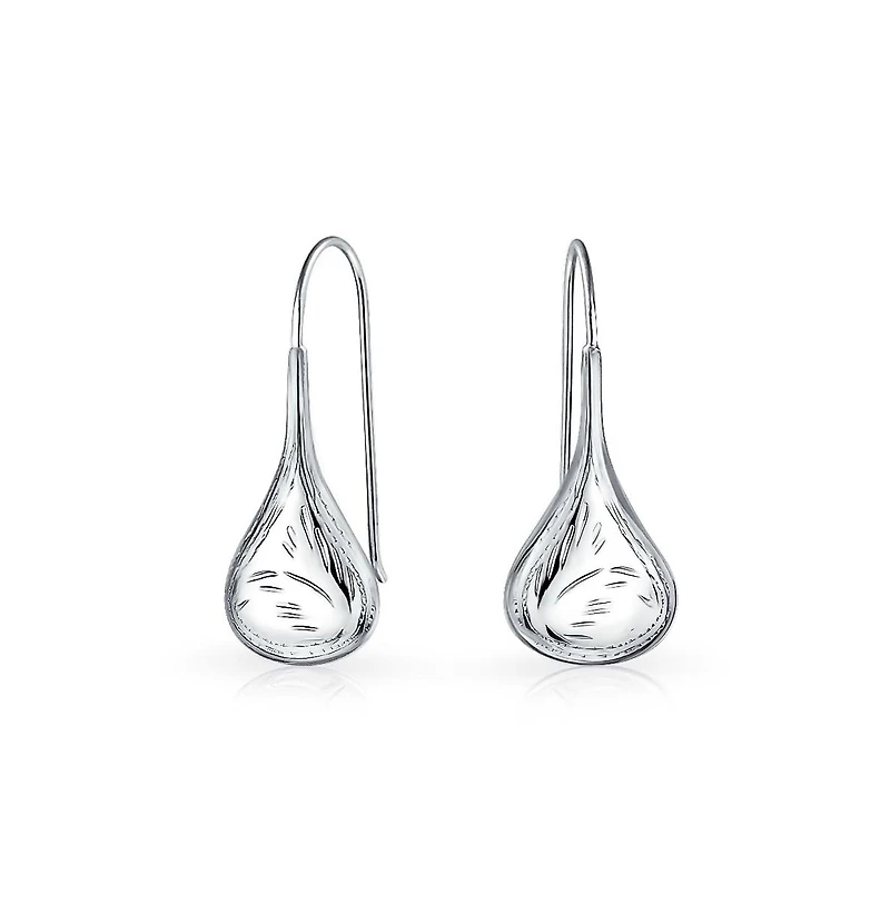 Bling Jewelry Carved Etched Puffed Pear Shaped Rain Drop Teardrop Earrings Fishhook Sterling Silver