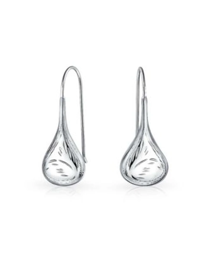 Bling Jewelry Carved Etched Puffed Pear Shaped Rain Drop Teardrop Earrings Fishhook Sterling Silver