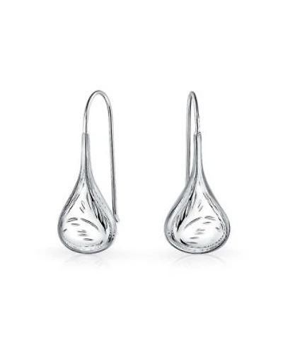 Bling Jewelry Carved Etched Puffed Pear Shaped Rain Drop Teardrop Earrings Fishhook Sterling Silver