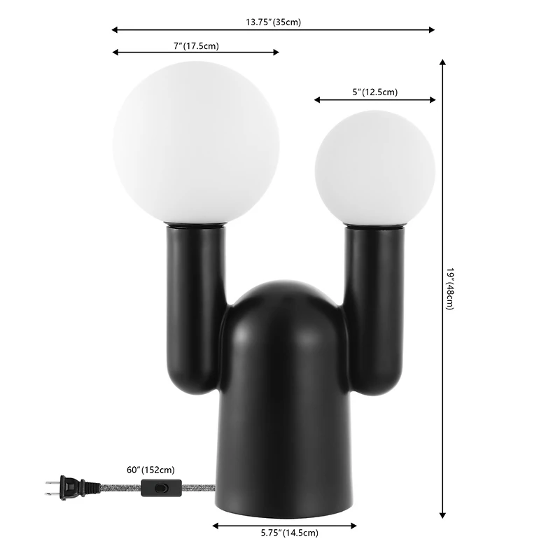 Jonathan Y Leif 19" 2-Light Modern Mid-Century Resin/Iron/Frosted Glass Nordic Cactus Led Table Lamp, Black