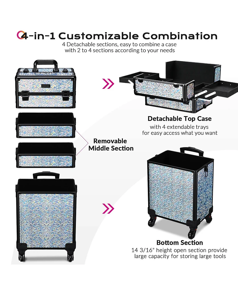 Byootique Mermaid Silver 4in1 Rolling Makeup Train Case Cosmetic Organizer Wheel