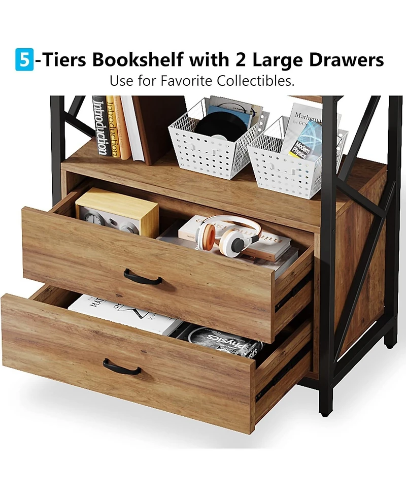 Tribesigns Bookshelf with Drawers, 70.8" Industrial Bookcase with 2 Drawers, 5 Shelf Open Shelf for Storage, Wood Book Shelf for Living Room, Bedroom,