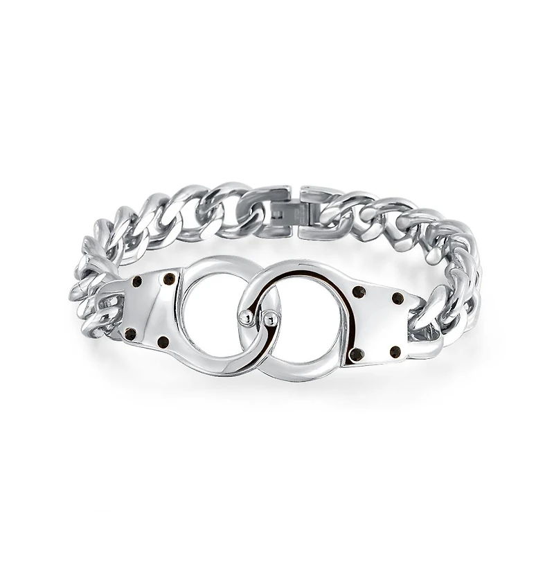 Bling Jewelry Biker Interlocking Handcuff Bracelet with Padlock Curb Chain Stainless Steel