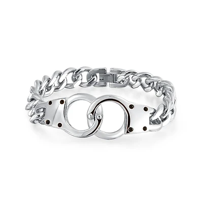 Bling Jewelry Biker Interlocking Handcuff Bracelet with Padlock Curb Chain Stainless Steel