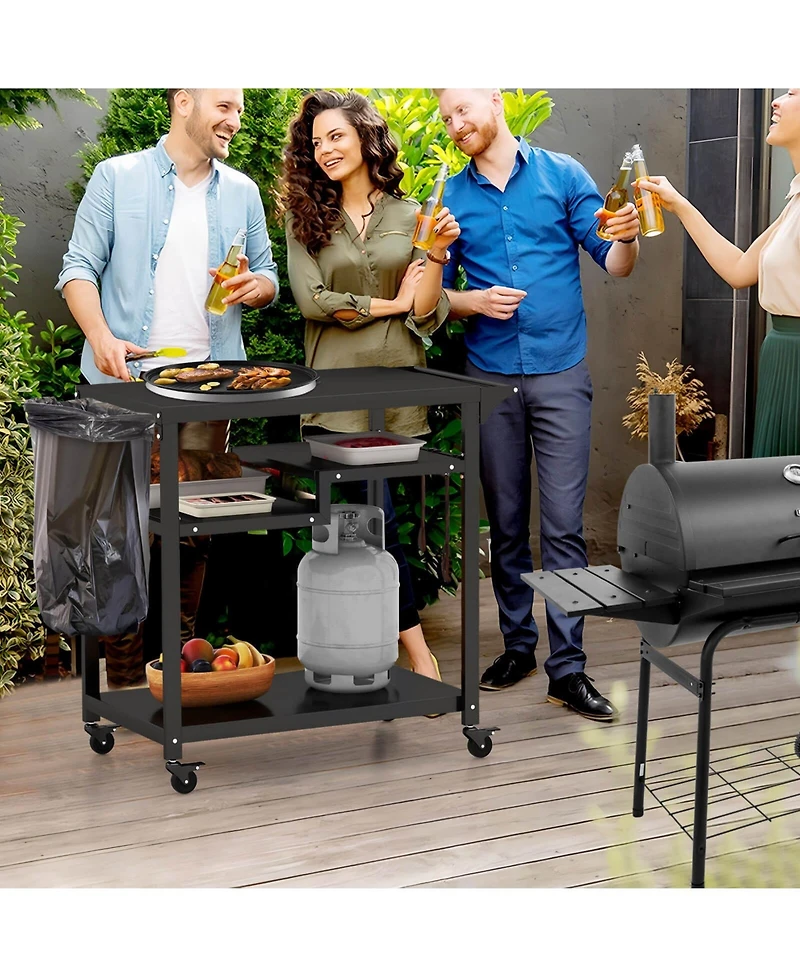 Skonyon Rolling Grill Cart 3-Shelf Bbq Cart with Hooks and Side Handle-Black