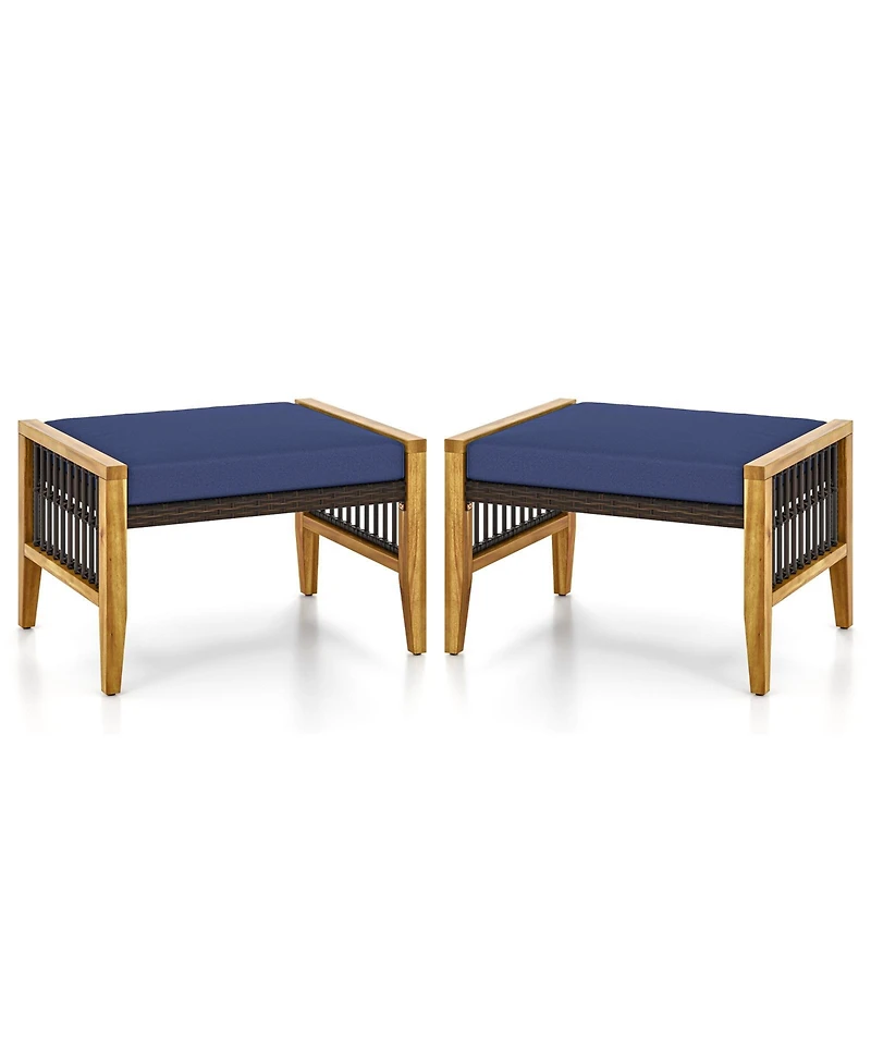 Skonyon Patio Acacia Wood Ottomans with Cushions and Versatile Rattan Woven Footstools-Navy