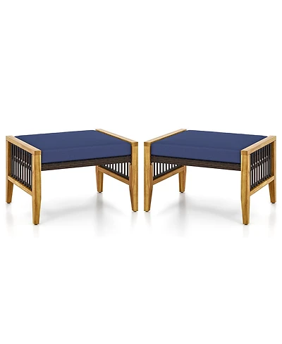 Skonyon Patio Acacia Wood Ottomans with Cushions and Versatile Rattan Woven Footstools-Navy