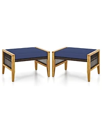 Skonyon Patio Acacia Wood Ottomans with Cushions and Versatile Rattan Woven Footstools-Navy