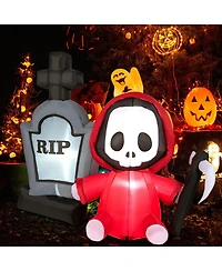 Skonyon 5 Feet Inflatable Halloween Ghost Holding Sickle and Tombstone Yard Decor