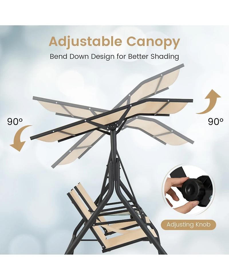 Costway 2-Seat Outdoor Patio Swing Adjustable Canopy Tempered Glass Table Top Cup Holder Beige