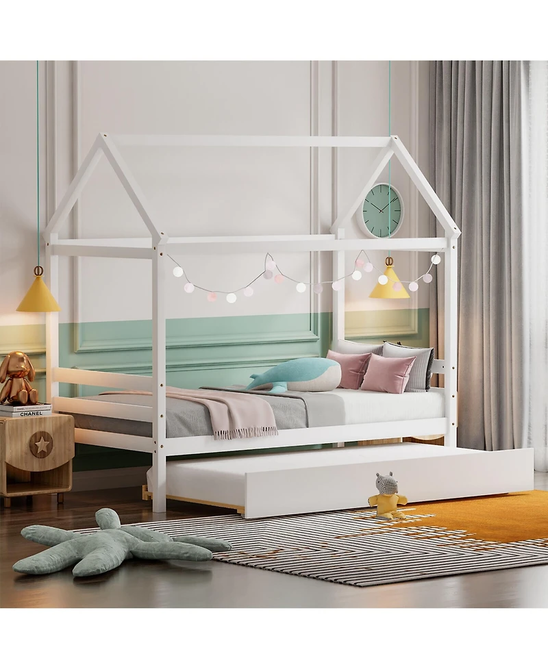 Gymax Twin House Bed Frame w/ Trundle Roof Wooden Platform Mattress Foundation Grey