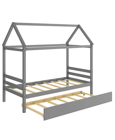 Gymax Twin House Bed Frame w/ Trundle Roof Wooden Platform Mattress Foundation Grey