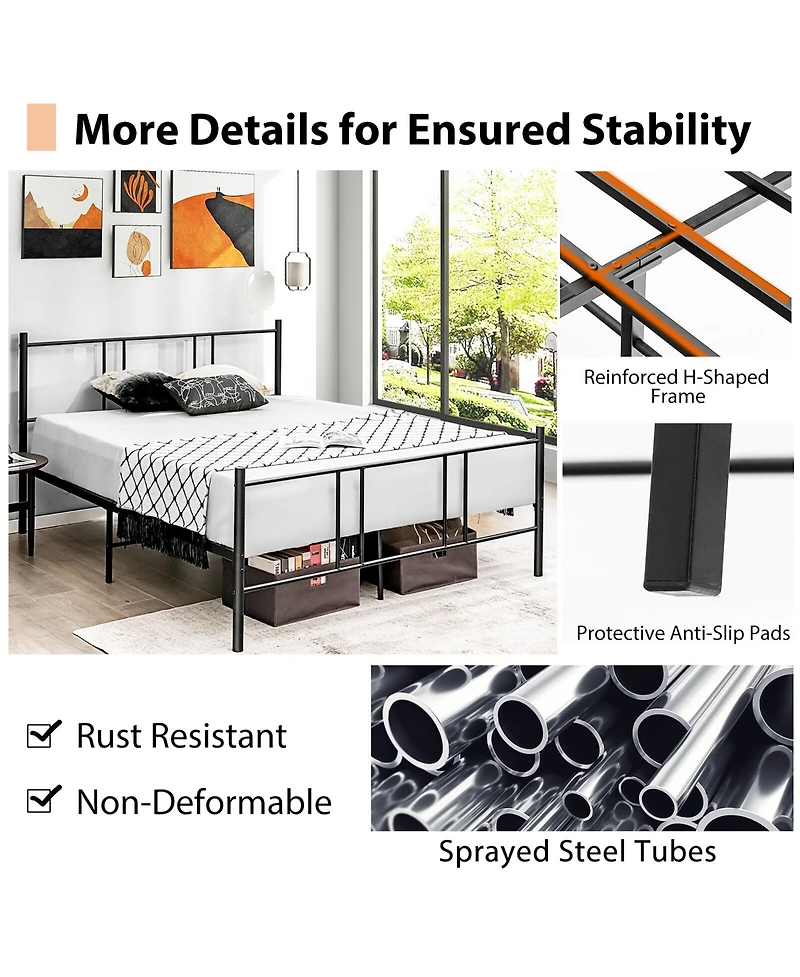 Gymax Full Size Steel Platform Bed Frame Headboard Heavy-Duty Mattress Foundation