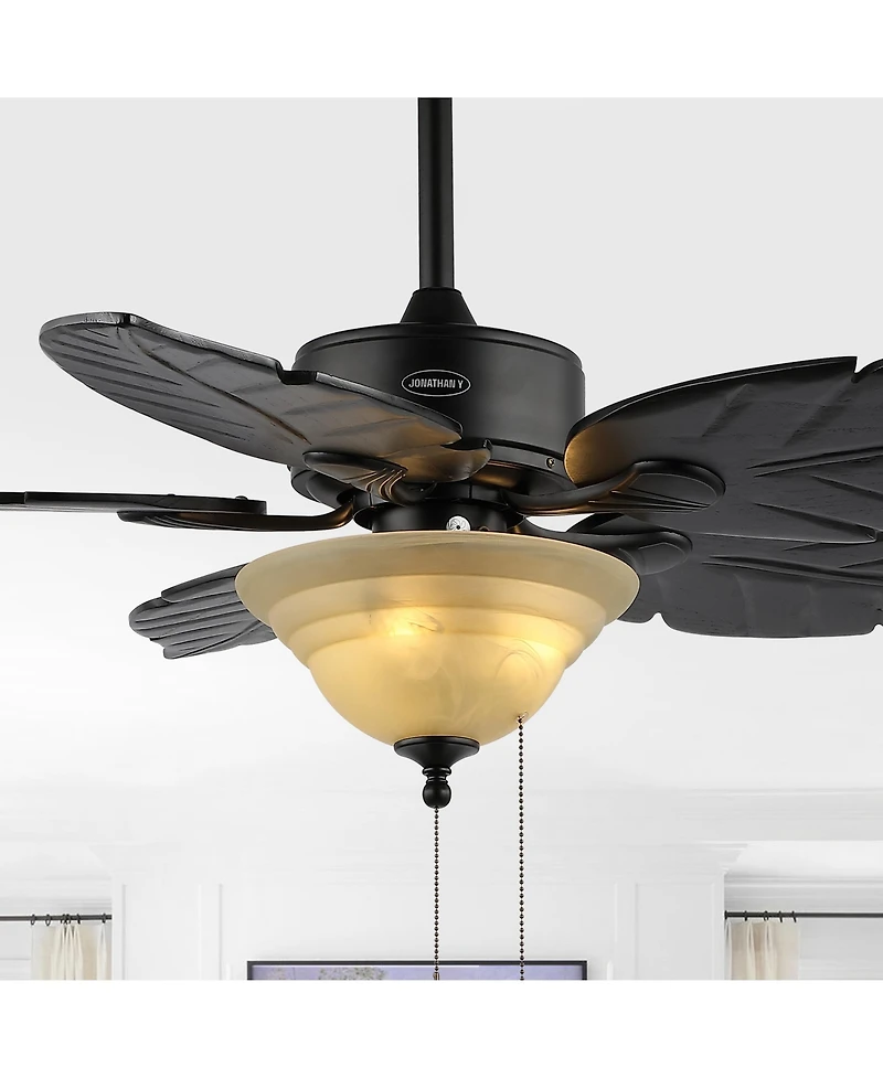 Jonathan Y Poinciana 52" 3-Light Coastal Bohemian Iron/Wood Palm Leaf Led Ceiling Fan with Pull Chain, Black