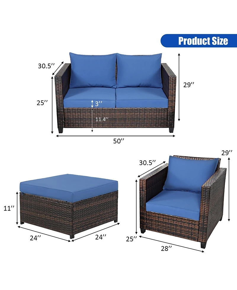 5PCS Patio Rattan Furniture Set Loveseat Sofa Ottoman Cushioned