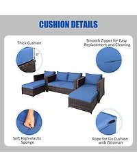 5PCS Patio Rattan Furniture Set Loveseat Sofa Ottoman Cushioned