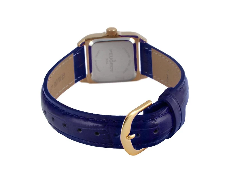 Peugeot Women's 34x24mm Tank Watch with Crystal Bezel Blue Leather Strap