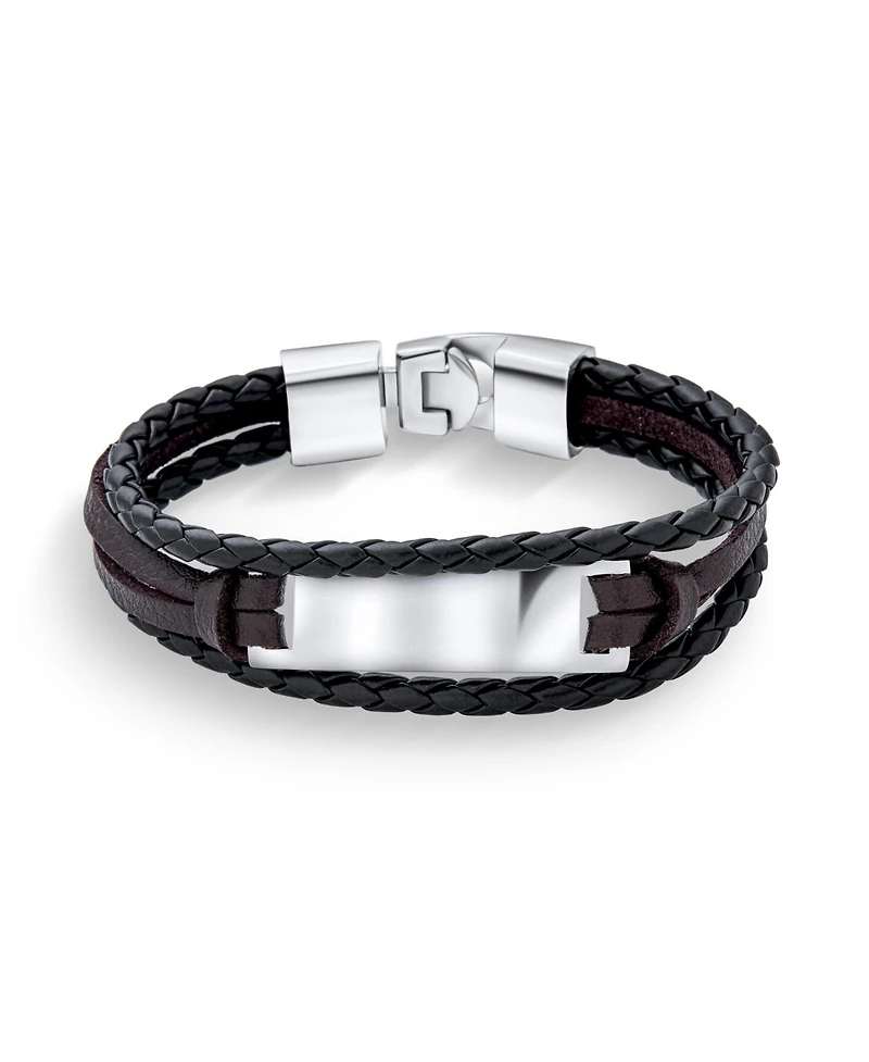 Bling Jewelry Black Rope Cord Brown leather Stacking Multi Strand Identification Name Bracelet Stainless Steel
