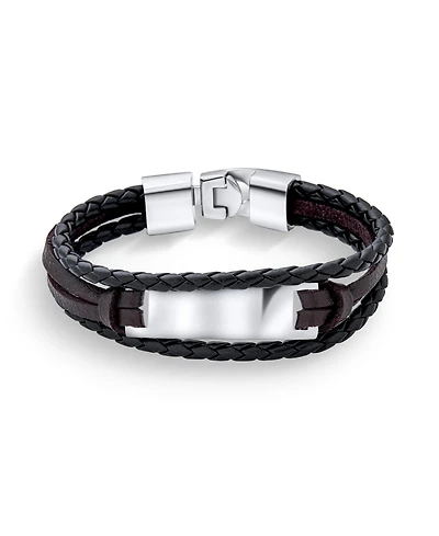 Bling Jewelry Black Rope Cord Brown leather Stacking Multi Strand Identification Name Bracelet Stainless Steel
