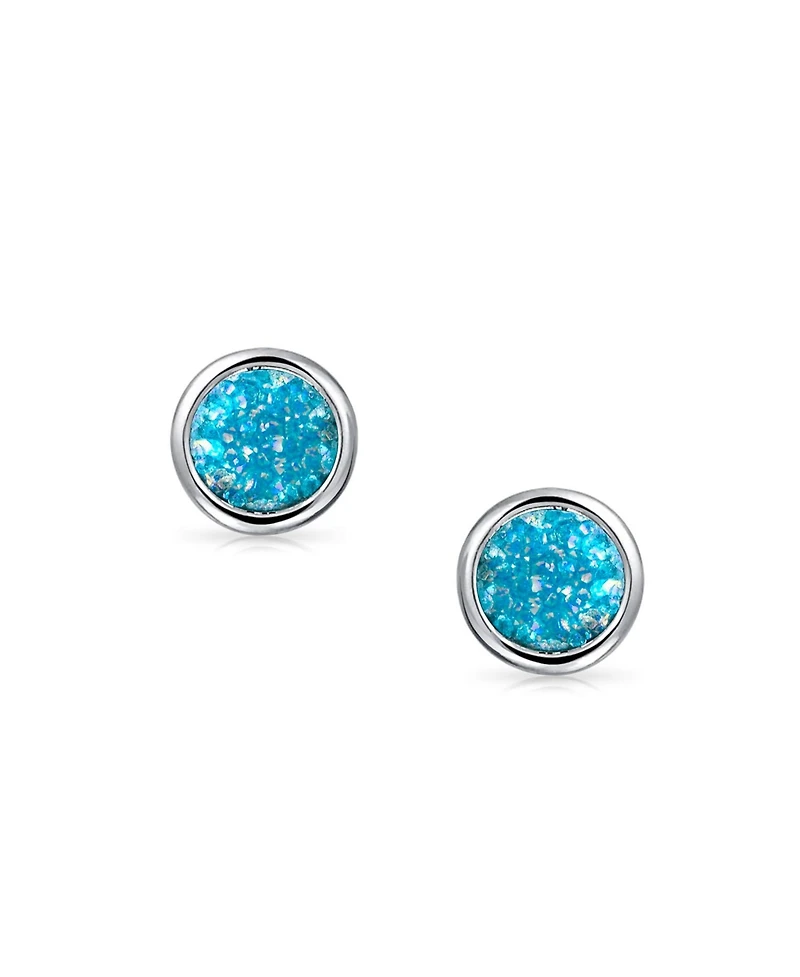 Bling Jewelry Boho Simple Fashion Bezel Set Dyed Aqua Blue Druzy Natural Quartz Stud Earrings Silver Plated Brass